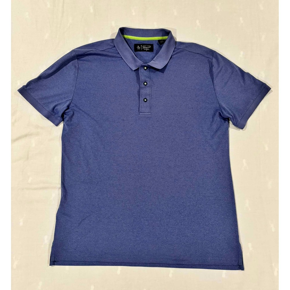 Original Penguin Mens Blue Heather Short Sleeve Polo Shirt Lime Green Accent L